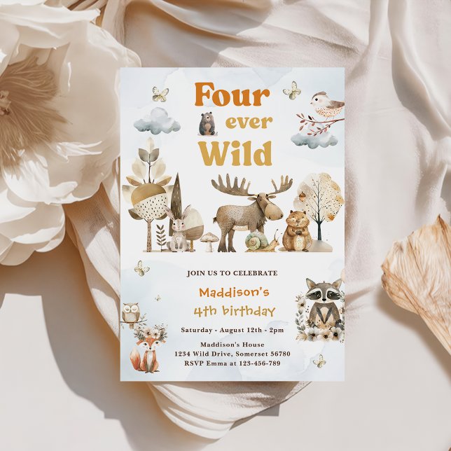 Four Ever Wild Woodland Animals 4th Birthday Invitation (Creator Uploaded)