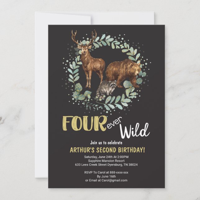 Four Ever Wild Woodland Birthday Invitation Boys (Front)
