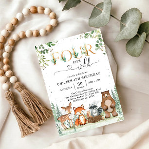 Four Ever Wild Woodland Party Animals 4th Birthday Invitation
