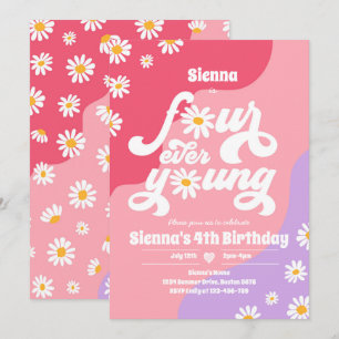 Four Ever Young 4th Birthday Party Boho Daisy Invitation
