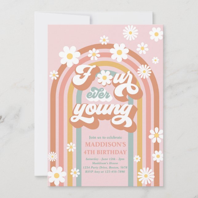 Four Ever Young Boho Daisy Rainbow 4th Birthday Invitation (Front)