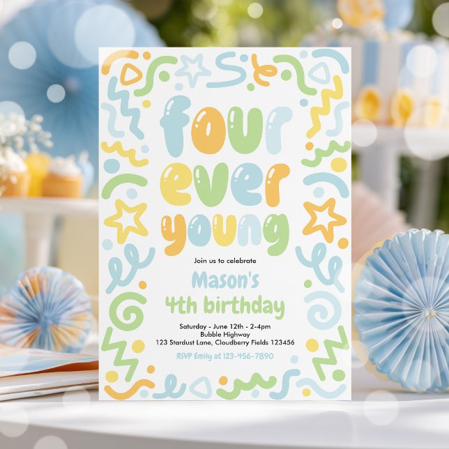 Four Ever Young Confetti Balloon 4th Birthday  Invitation (Creator Uploaded)