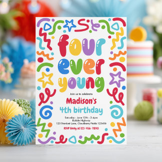 Four Ever Young Confetti Balloon 4th Birthday  Invitation