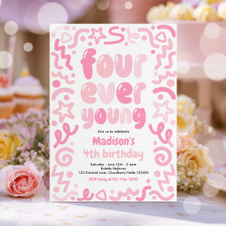 Four Ever Young Confetti Balloon 4th Birthday  Invitation