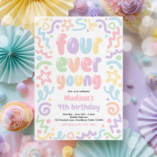 Four Ever Young Confetti Balloon 4th Birthday  Invitation