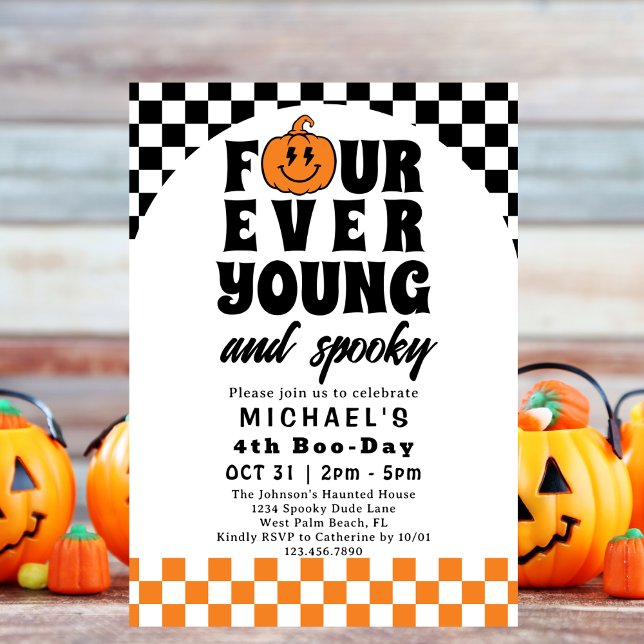 Four Ever Young Retro Halloween 4th Birthday Party Invitation (Creator Uploaded)