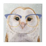Four-Eyed Forester | Wise Owl Tile<br><div class="desc">This watercolor print features an owl wearing vintage blue eyeglasses | By Victoria Borges</div>