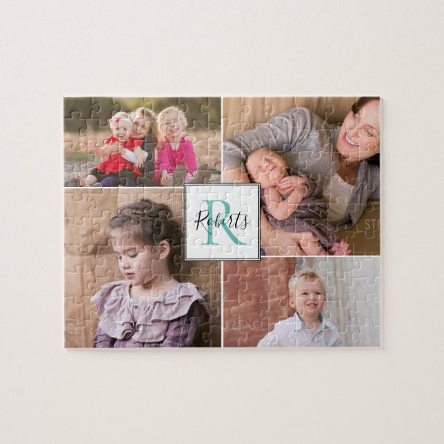Four family photos, monogram and name jigsaw puzzle (Horizontal)