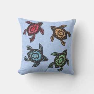 Four Festive Black Turtles Coloured Shells on blue Throw Pillow