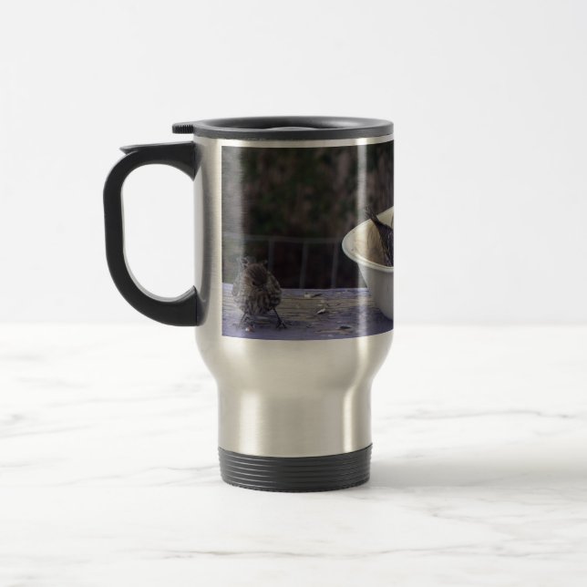 Four finches a feeding travel mug (Left)