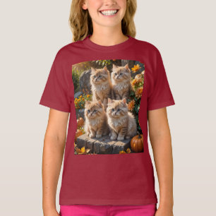 Four Fluffy Autumn Kittens with Pumpkins and Mums T-Shirt