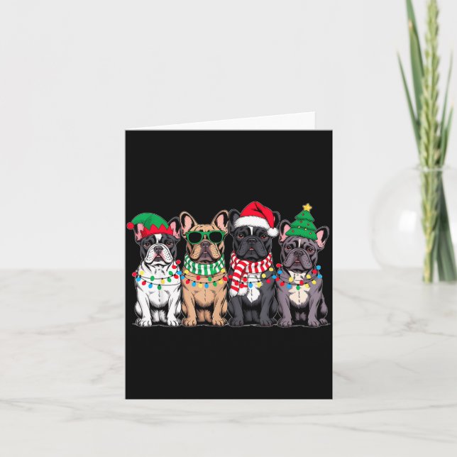 Four French Bulldog Dogs Christmas Funny Santa Rei Card (Front)