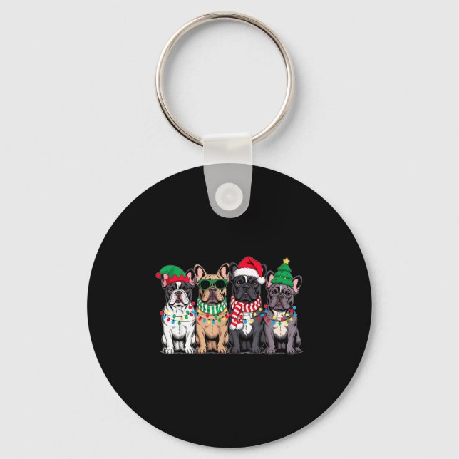Four French Bulldog Dogs Christmas Funny Santa Rei Keychain (Front)