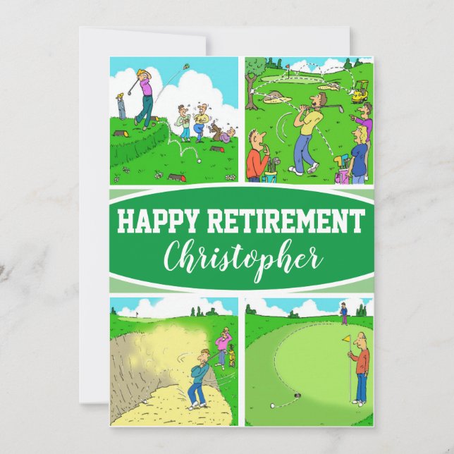 Four Funny Golfer Cartoons on a Retirement Card (Front)