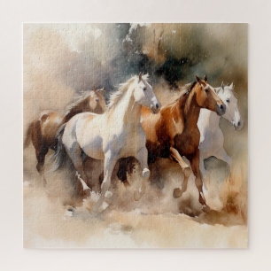 “Four Galloping Mustangs” Dusty Western Watercolor Jigsaw Puzzle