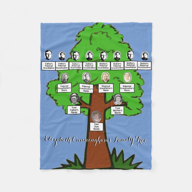 Four Generation Photo Family Tree Drawing Blue Fleece Blanket (Front)
