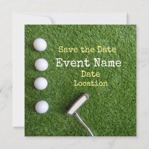 Four golf balls with putter Save the Date on green Announcement