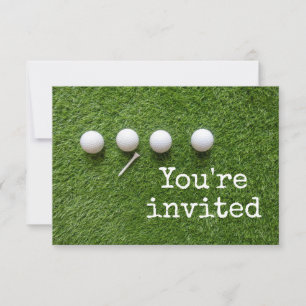 Four golf balls with tee  R.S.V.P. on green Invitation