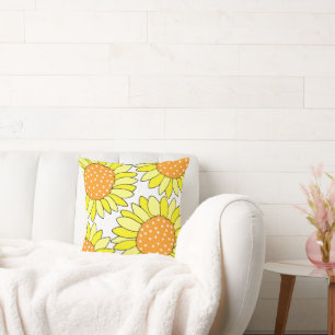 Four Hand Drawn Yellow Orange Sunflowers Throw Pillow