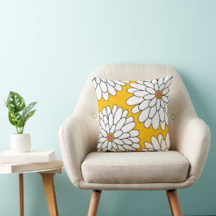 Four Hand Drawn Zinnias Yellow Background Throw Pillow