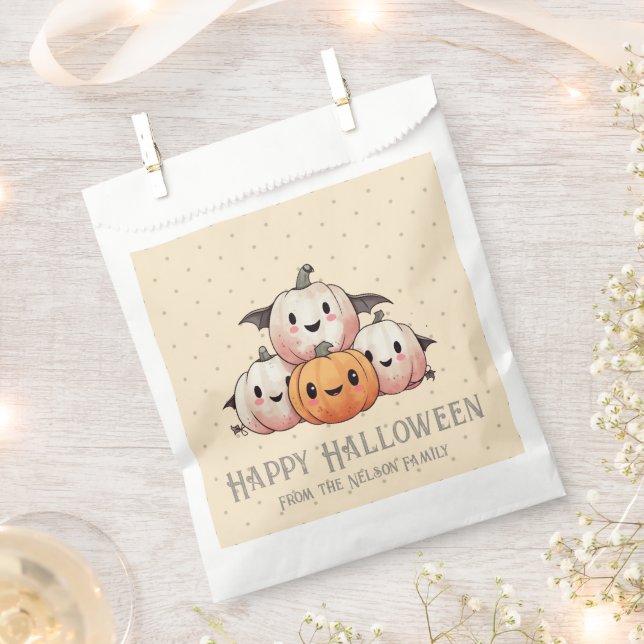 Four Happy Pumpkin Bats Yellow Happy Halloween Favour Bag (Clipped)