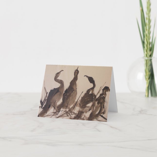 Four Herons On The Beach; watercolor notecard (Front)