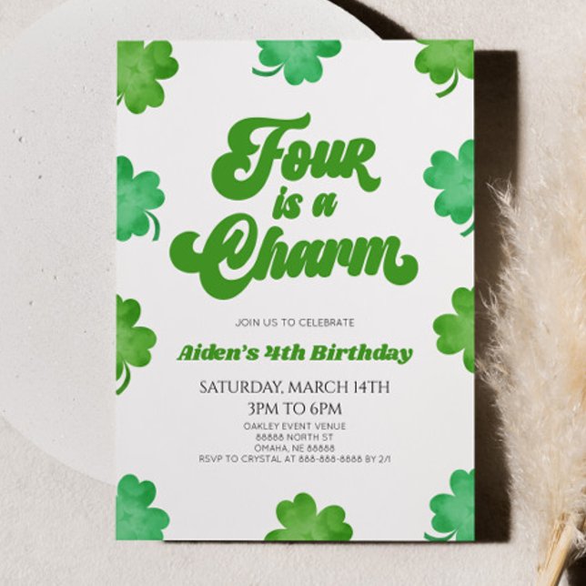 Four Is A Charm Green Clover 4th Birthday Party Invitation (Creator Uploaded)