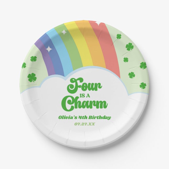 Four Is A Charm Rainbow 4th Birthday Party Paper Plate (Front)