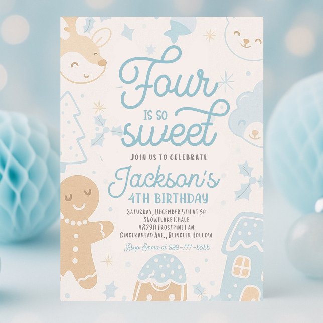 Four Is So Sweet Christmas Cookie Boy Birthday  Invitation (Four Is So Sweet Christmas cookie boy birthday invitation with festive holiday design, cookie illust)
