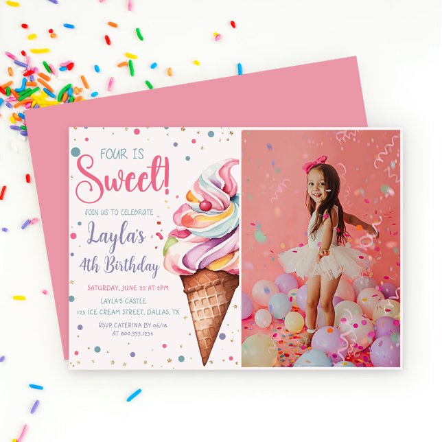 Four is Sweet Ice Cream 4th Birthday Photo Invitation (Creator Uploaded)