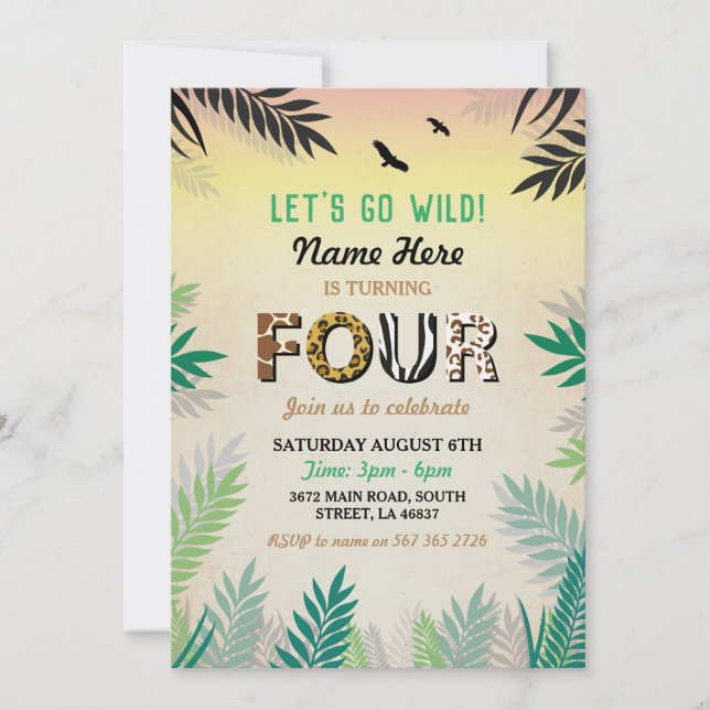 Four Jungle 4th Birthday Party Safari ZOO Invite (Front)