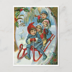 Four kids on a sledge, winter, vintage holiday postcard