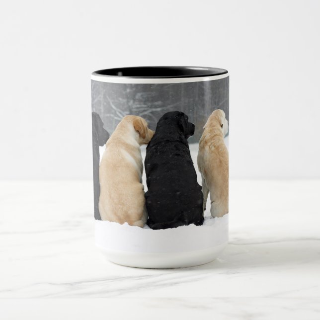 Four Labrador Dogs In Snow Mug (Center)