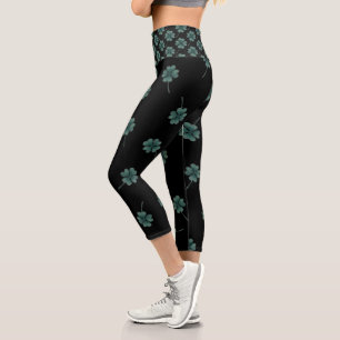 Four Leaf Clover Black Watercolor  Capri Leggings