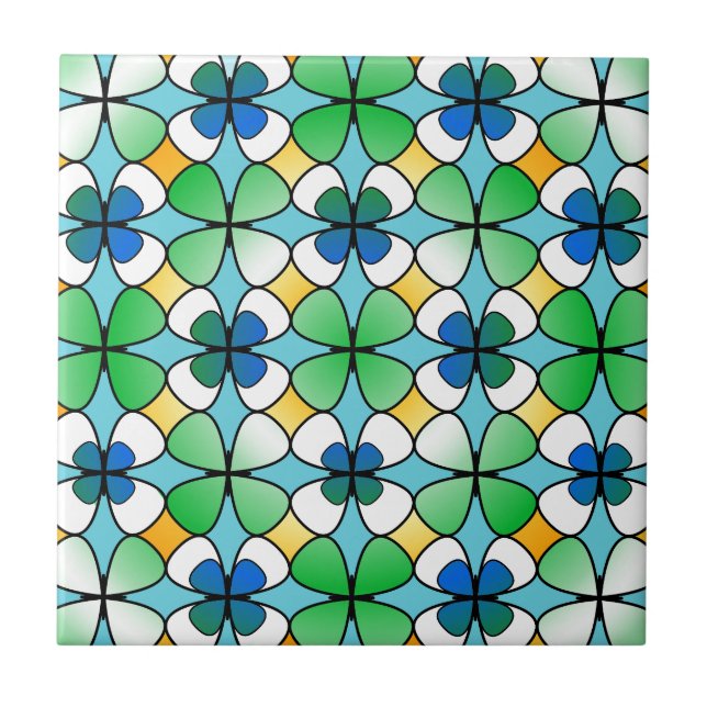 Four Leaf Clover Double Inside Blue Green White Tile (Front)