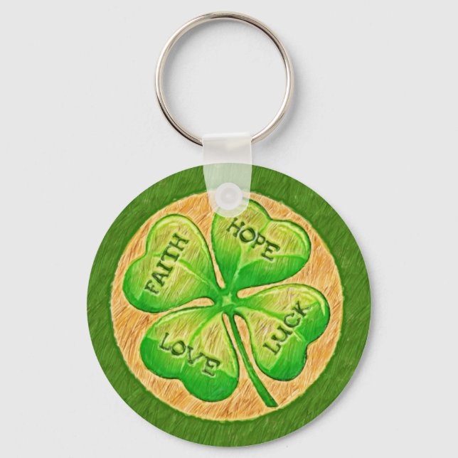 Four Leaf Clover - Faith Hope Love Luck Keychain (Front)