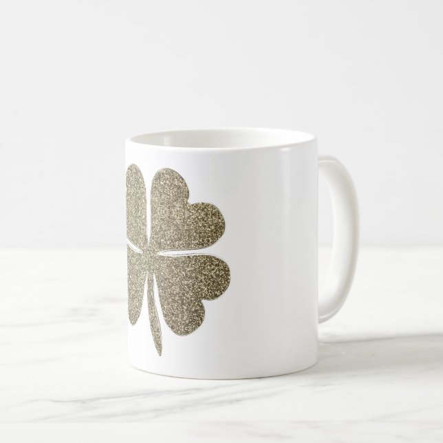 Four Leaf Clover Good Luck Symbol Gold and White Coffee Mug (Front Right)