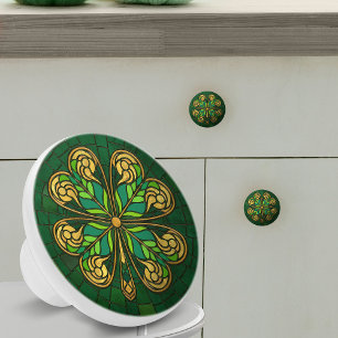 Four-leaf clover - Green and Gold Mosaic Ceramic Knob