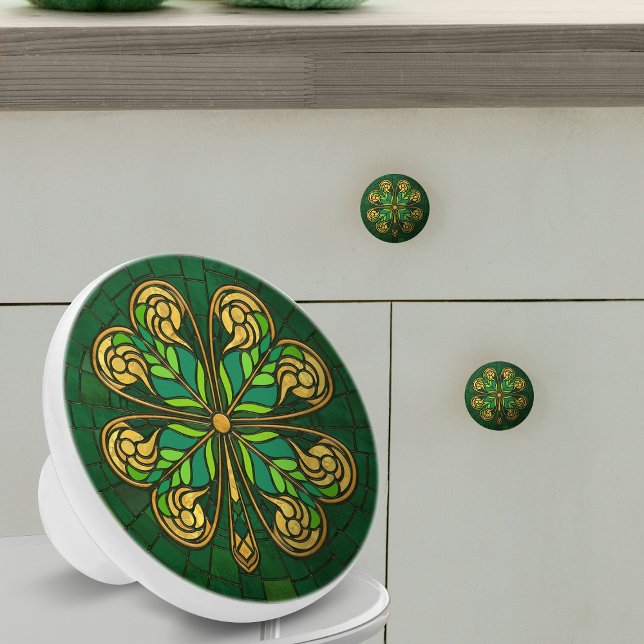 Four-leaf clover - Green and Gold Mosaic Ceramic Knob (Creator Uploaded)