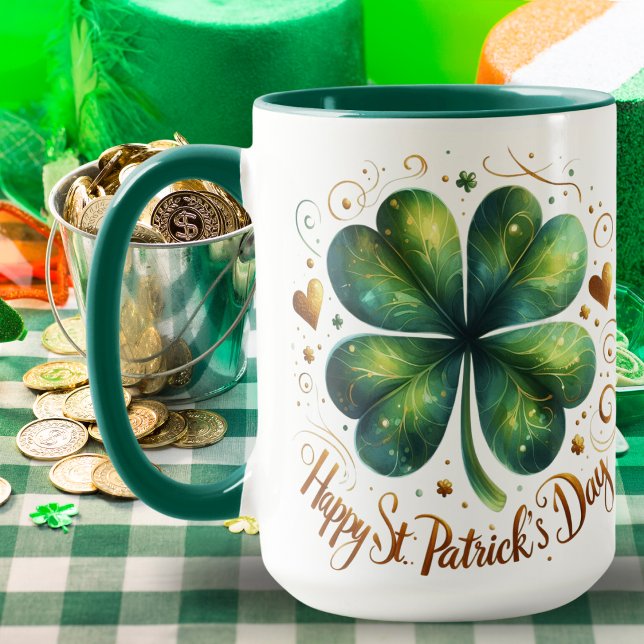 Four Leaf Clover Green and Gold St Patrick's Day Mug (Four Leaf Clover Green and Gold St Patrick's Day Mug)