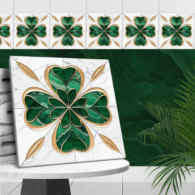 Four-leaf clover - Green and White Marble and Gold Tile (Creator Uploaded)