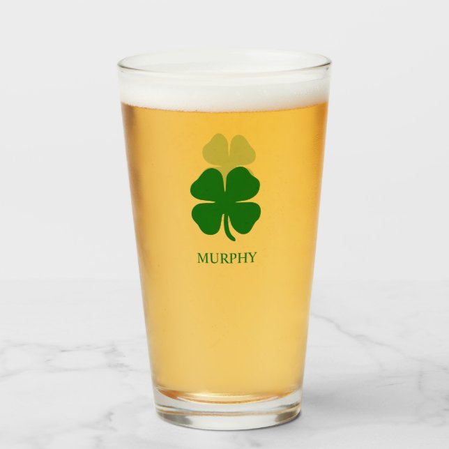 Four Leaf Clover Green Irish Personalized Beer  Glass (Front Filled)