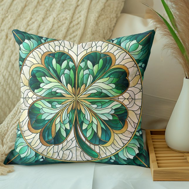 Four-leaf clover - green marble and gold throw pillow (Creator Uploaded)