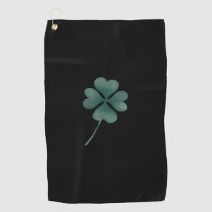 Four Leaf Clover Green On Black Watercolor Golf Towel