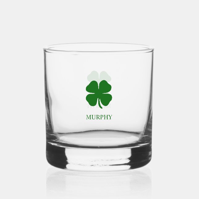 Four Leaf Clover Green Shamrock Irish Whiskey Glass (Front)