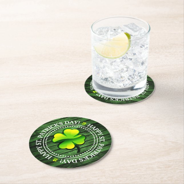 Four Leaf Clover Happy St. Patrick Day Round Paper Coaster (Insitu)