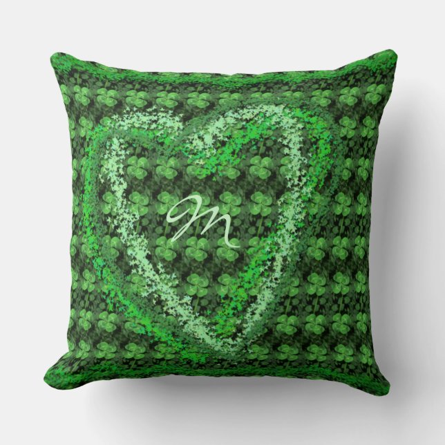 Four-leaf Clover Pattern Heart Monogram Pillow (Front)