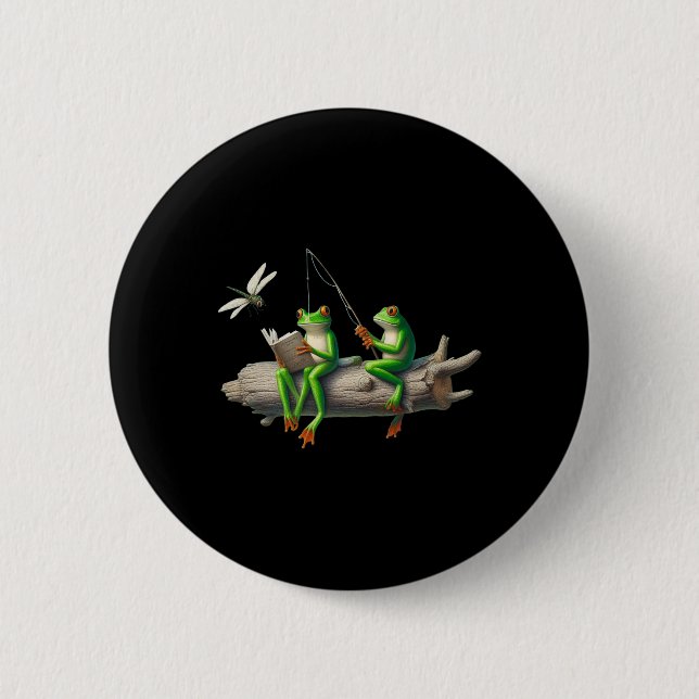 Four Legs Frog On A Log Frog Fishing Dragonfly Rea 2 Inch Round Button (Front)