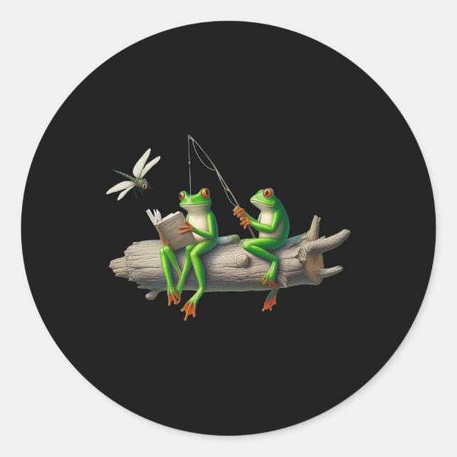 Four Legs Frog On A Log Frog Fishing Dragonfly Rea Classic Round Sticker (Front)