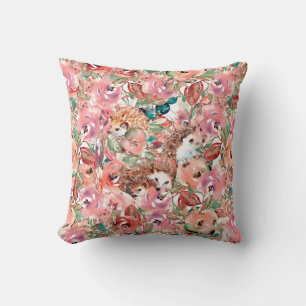Four Little Hedgehogs in a Flower Garden Throw Pillow
